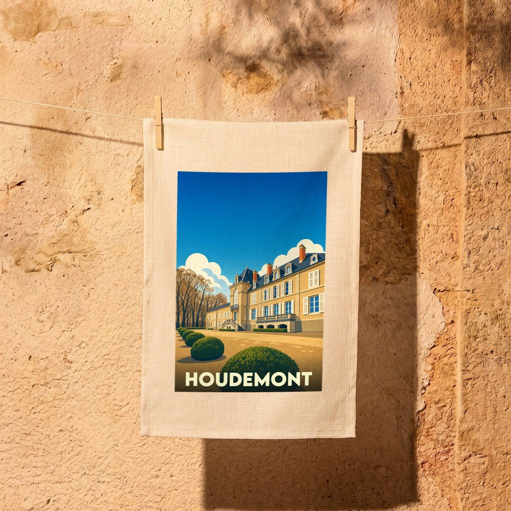 Torchon souvenir de la ville de Houdemont avec une illustration stylisée d'un château.