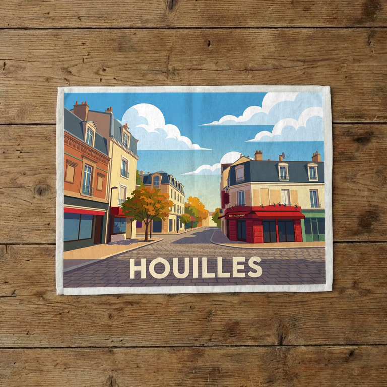 Torchon souvenir de la ville de Houilles avec une illustration stylisée.