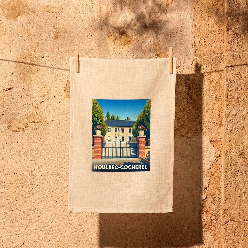 Torchon souvenir de la ville de Houlbec-Cocherel avec une illustration stylisée de sa mairie.