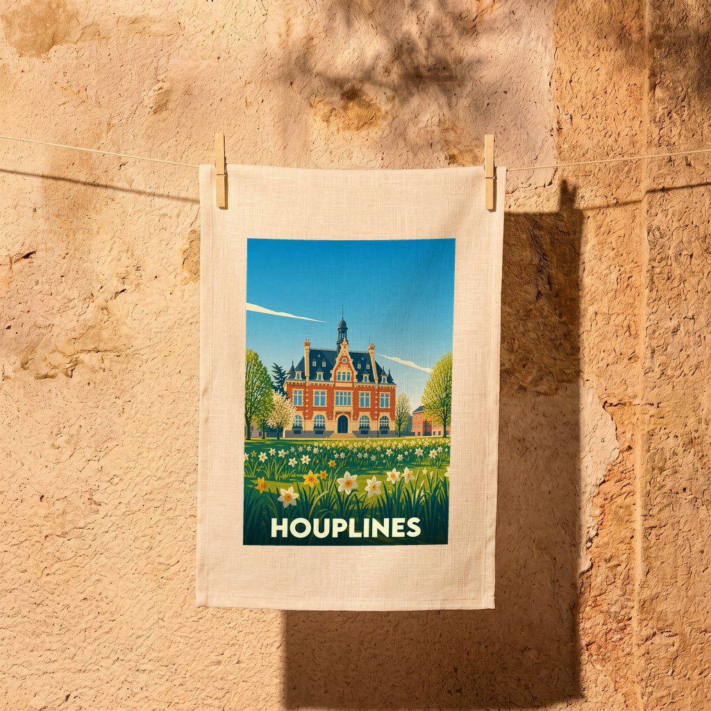 Torchon souvenir de la ville de Houplines illustrant son hôtel de ville entouré de fleurs.
