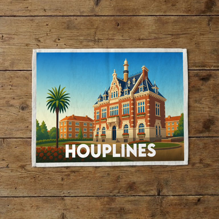 Torchon souvenir de la ville de Houplines avec une illustration stylisée de son hôtel de ville.