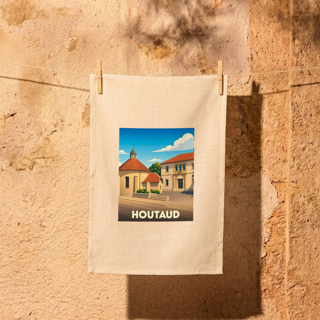Torchon souvenir de la ville de Houtaud avec une illustration stylisée.
