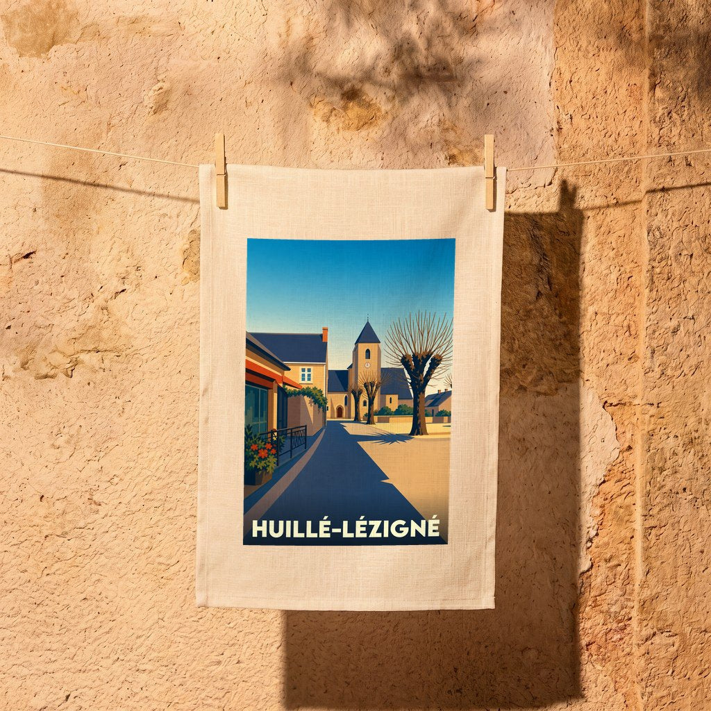 Torchon souvenir de la ville de Huillé-Lézigné avec une illustration stylisée.