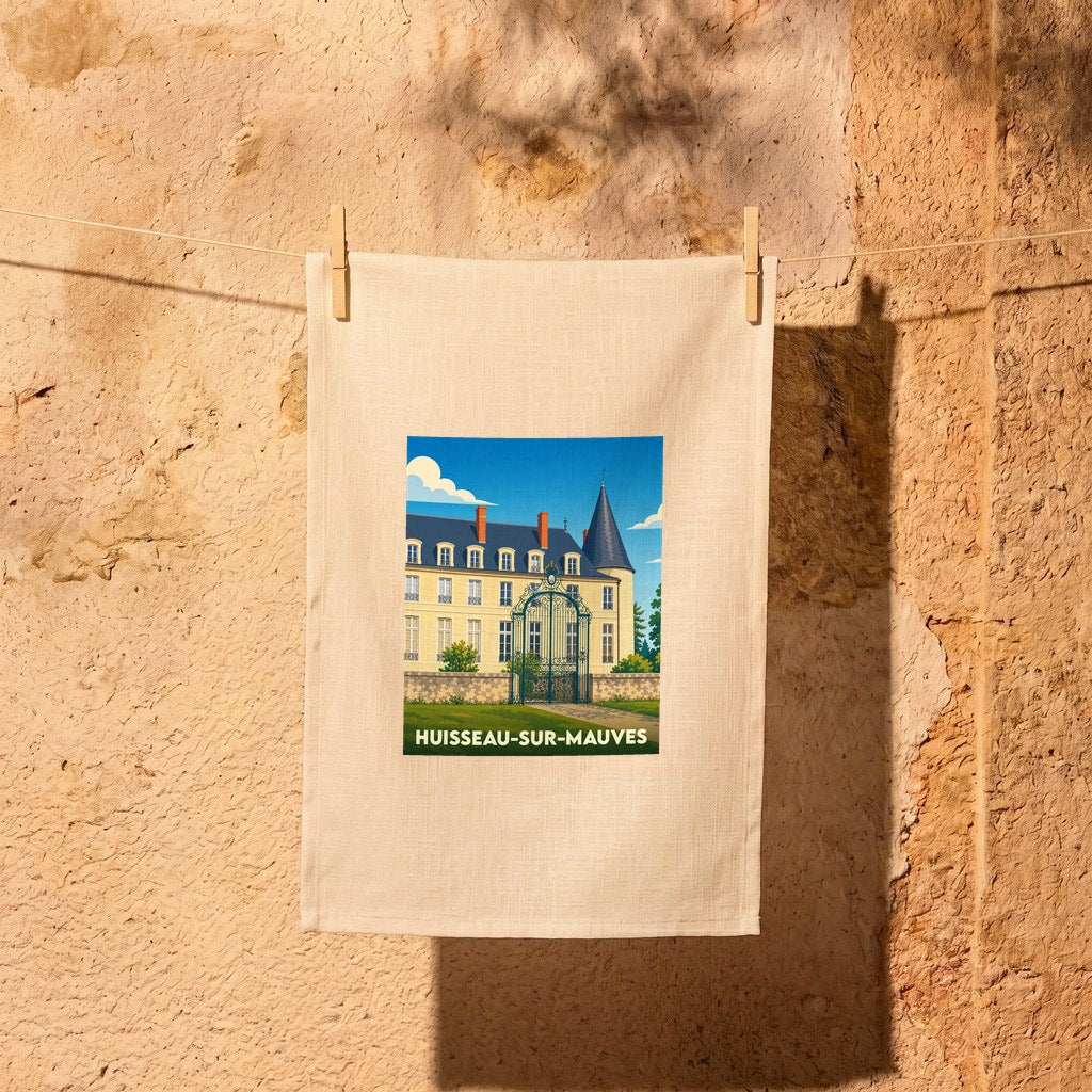 Torchon souvenir de la ville de Huisseau-sur-Mauves avec une illustration stylisée de son château.