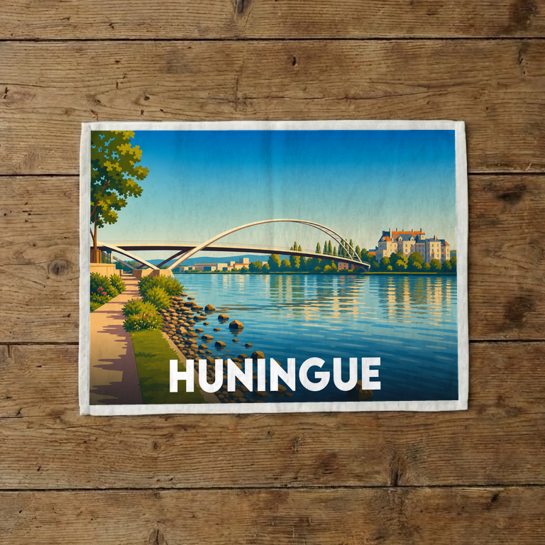 Torchon souvenir de la ville de Huningue illustré d'un dessin stylisé représentant sa passerelle sur le Rhin.