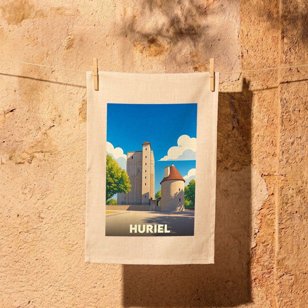 Torchon souvenir de la ville d'Huriel orné d'une illustration stylisée de son château médiéval.