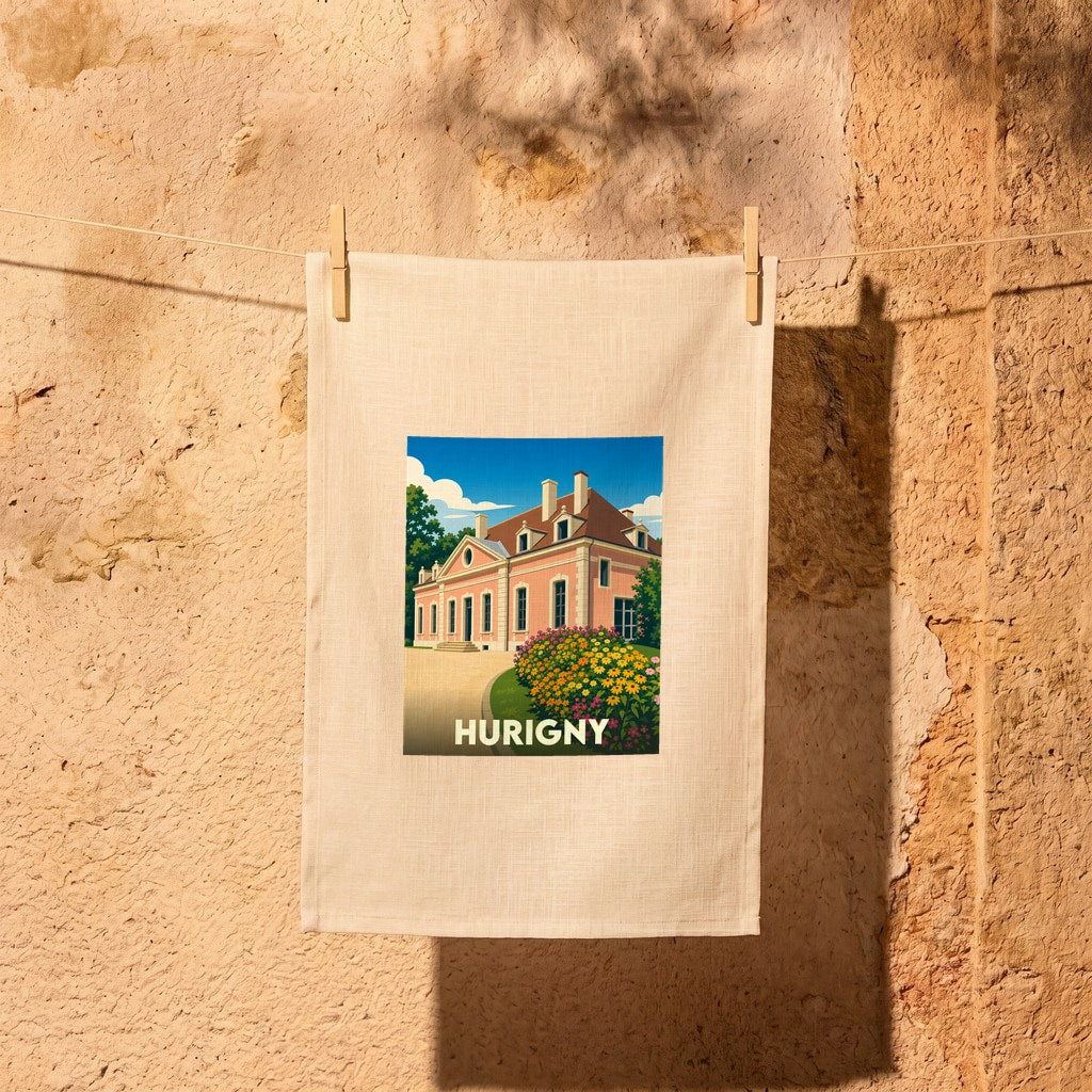 Torchon souvenir de la ville de Hurigny orné d'une illustration stylisée de son château.