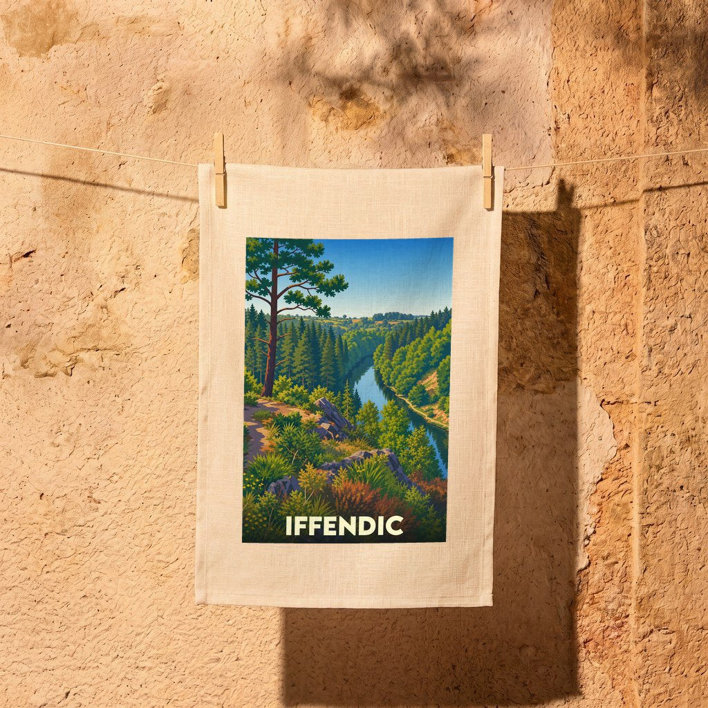 Torchon souvenir de la ville d'Iffendic avec une illustration stylisée d'un paysage de vallée boisée.