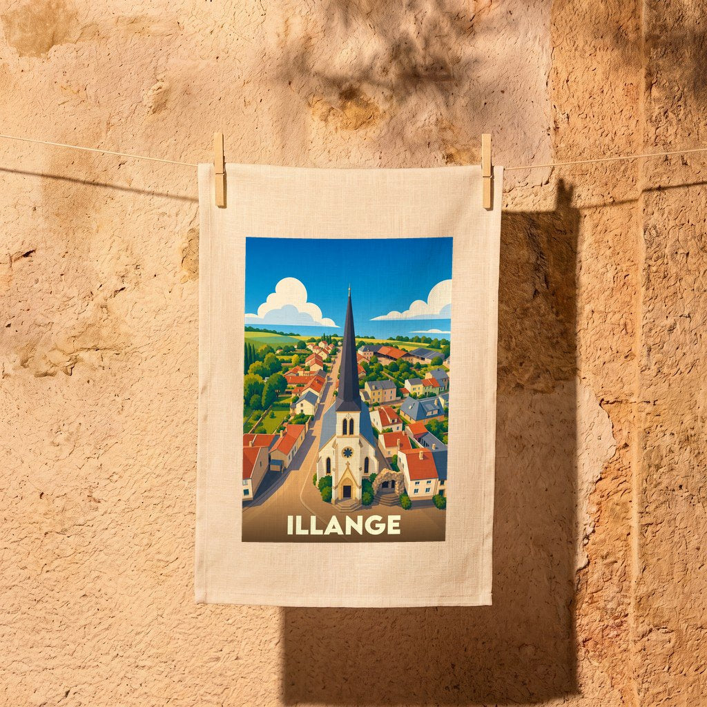 Torchon souvenir de la ville d'Illange avec une illustration stylisée d'une église et de maisons.