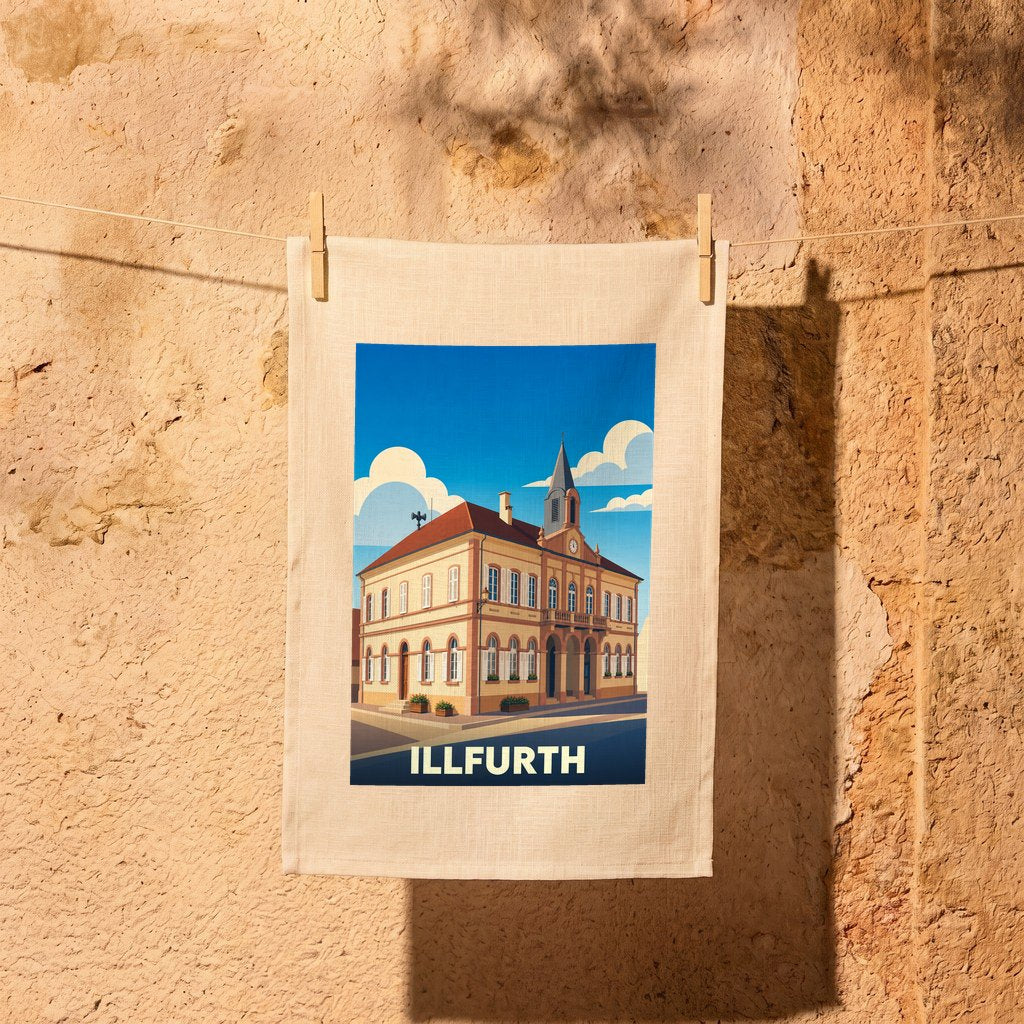 Torchon souvenir de la ville d'Illfurth avec une illustration stylisée de sa mairie.