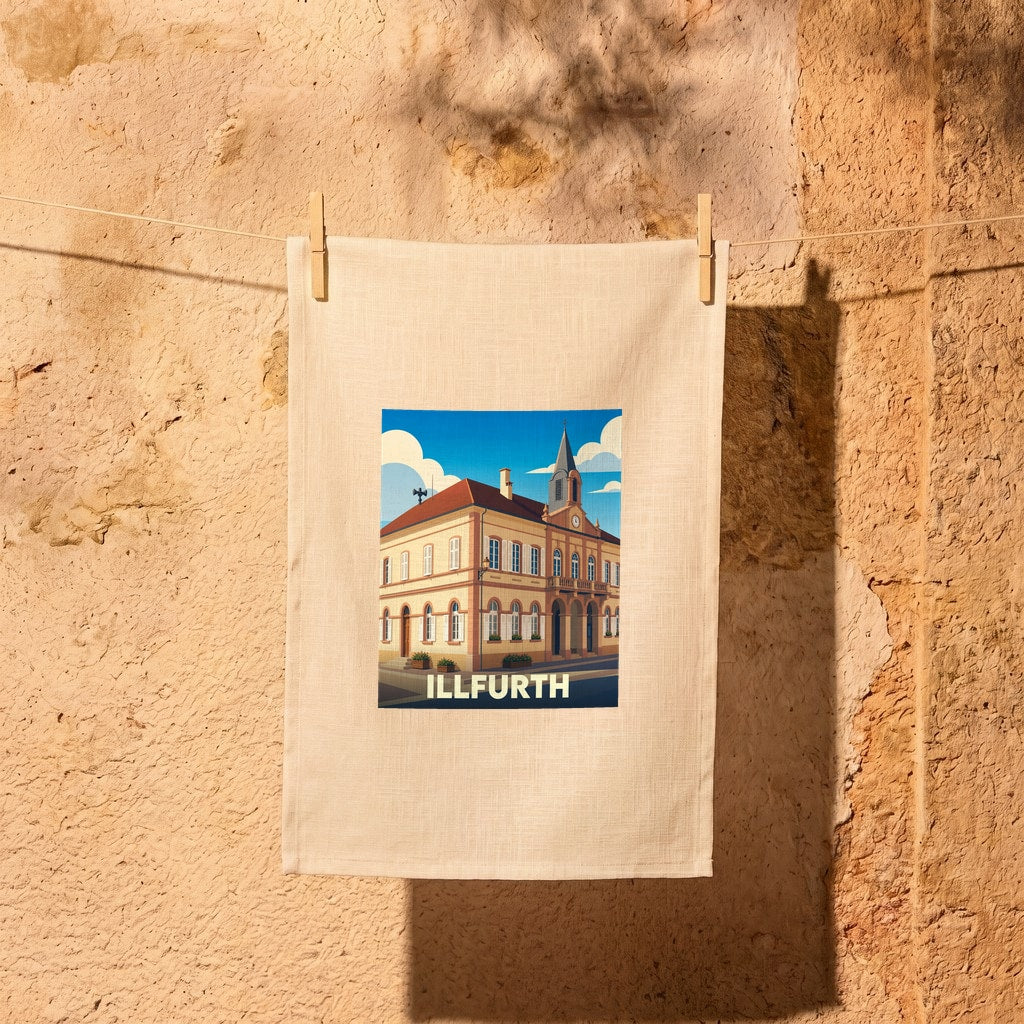 Torchon souvenir de la ville d'Illfurth avec une illustration stylisée de sa mairie.