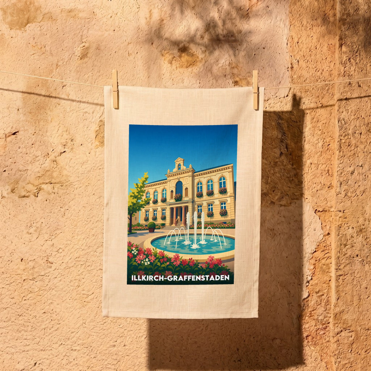 Torchon souvenir de la ville d'Illkirch-Graffenstaden avec une illustration stylisée de son hôtel de ville et d'une fontaine.