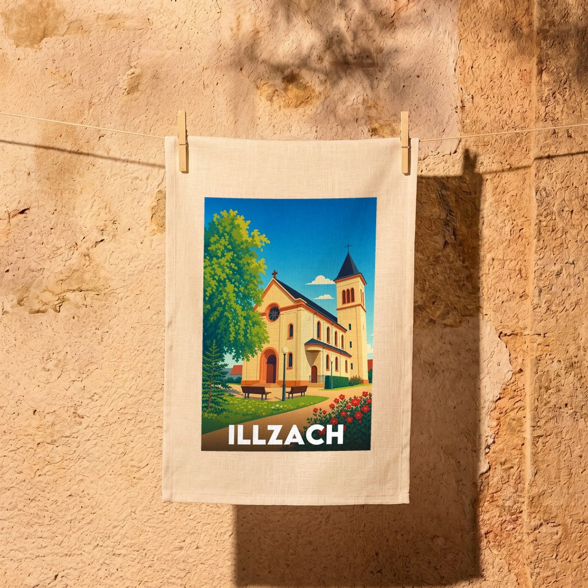 Torchon souvenir de la ville d'Illzach avec une illustration stylisée de son église.