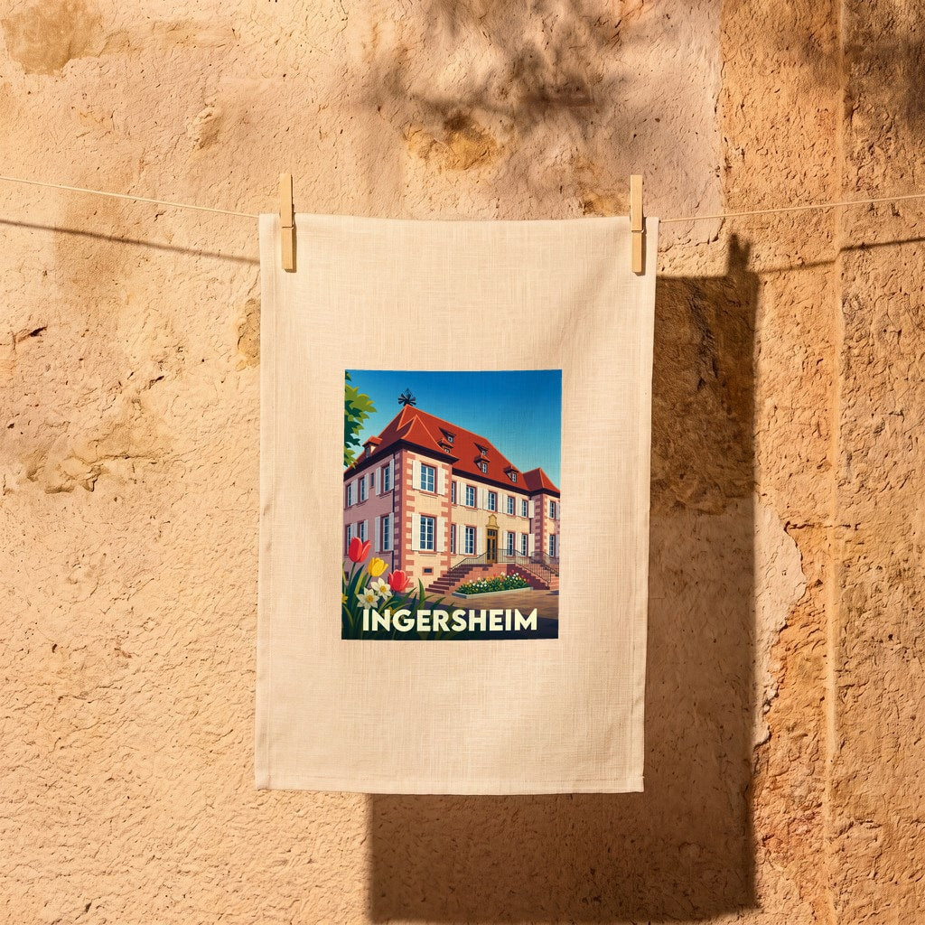 Torchon souvenir de la ville de Ingersheim avec une illustration stylisée d'un bâtiment historique.