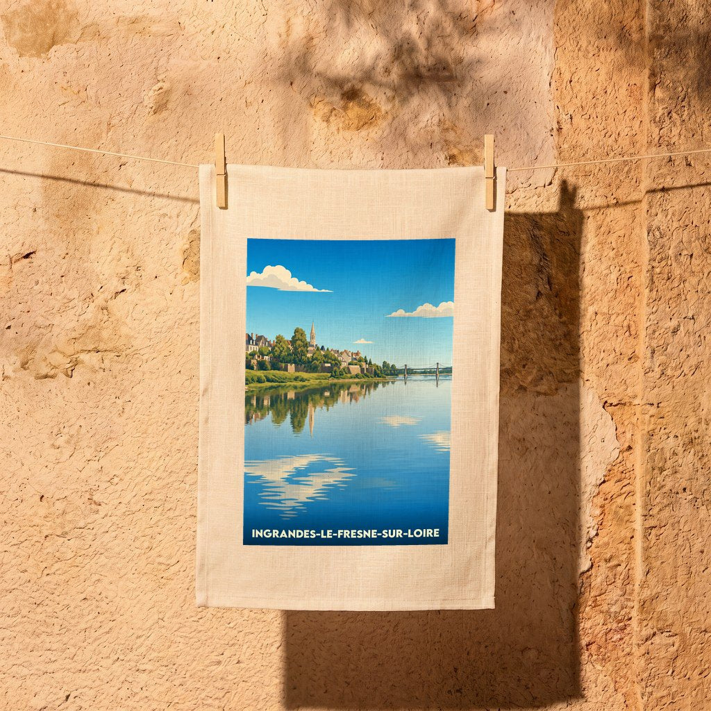 Torchon souvenir de la ville d'Ingrandes-le-Fresne-sur-Loire avec une illustration stylisée des bords de Loire.