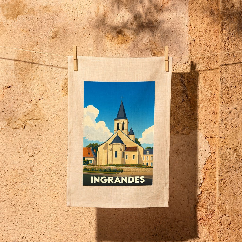 Torchon souvenir de la ville d'Ingrandes avec une illustration stylisée de son église.