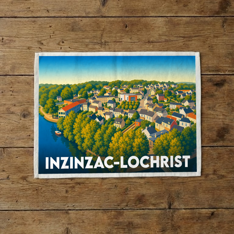Torchon souvenir de la ville d'Inzinzac-Lochrist avec une illustration colorée et stylisée de ses maisons en bord de rivière.