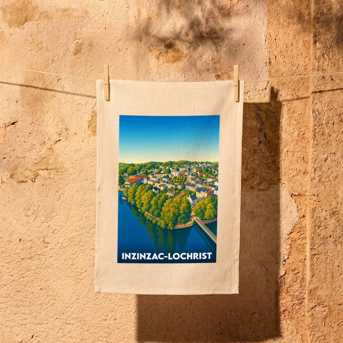 Torchon souvenir de la ville d'Inzinzac-Lochrist avec une illustration colorée et stylisée de ses maisons en bord de rivière.