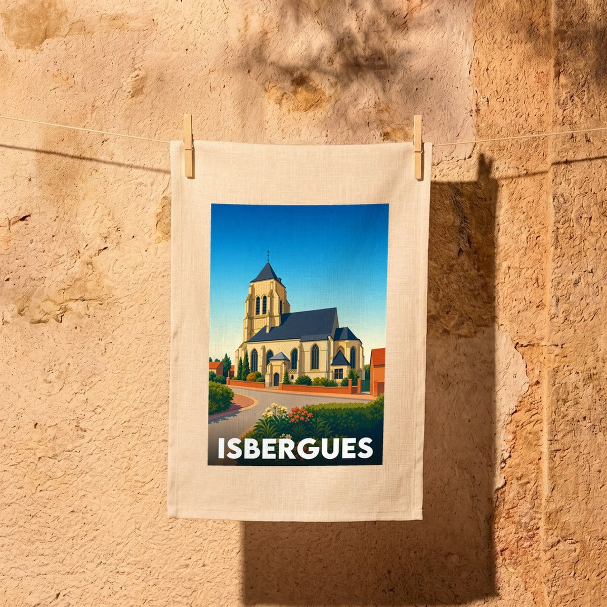 Torchon souvenir de la ville de Isbergues orné d'une illustration stylisée de son église.