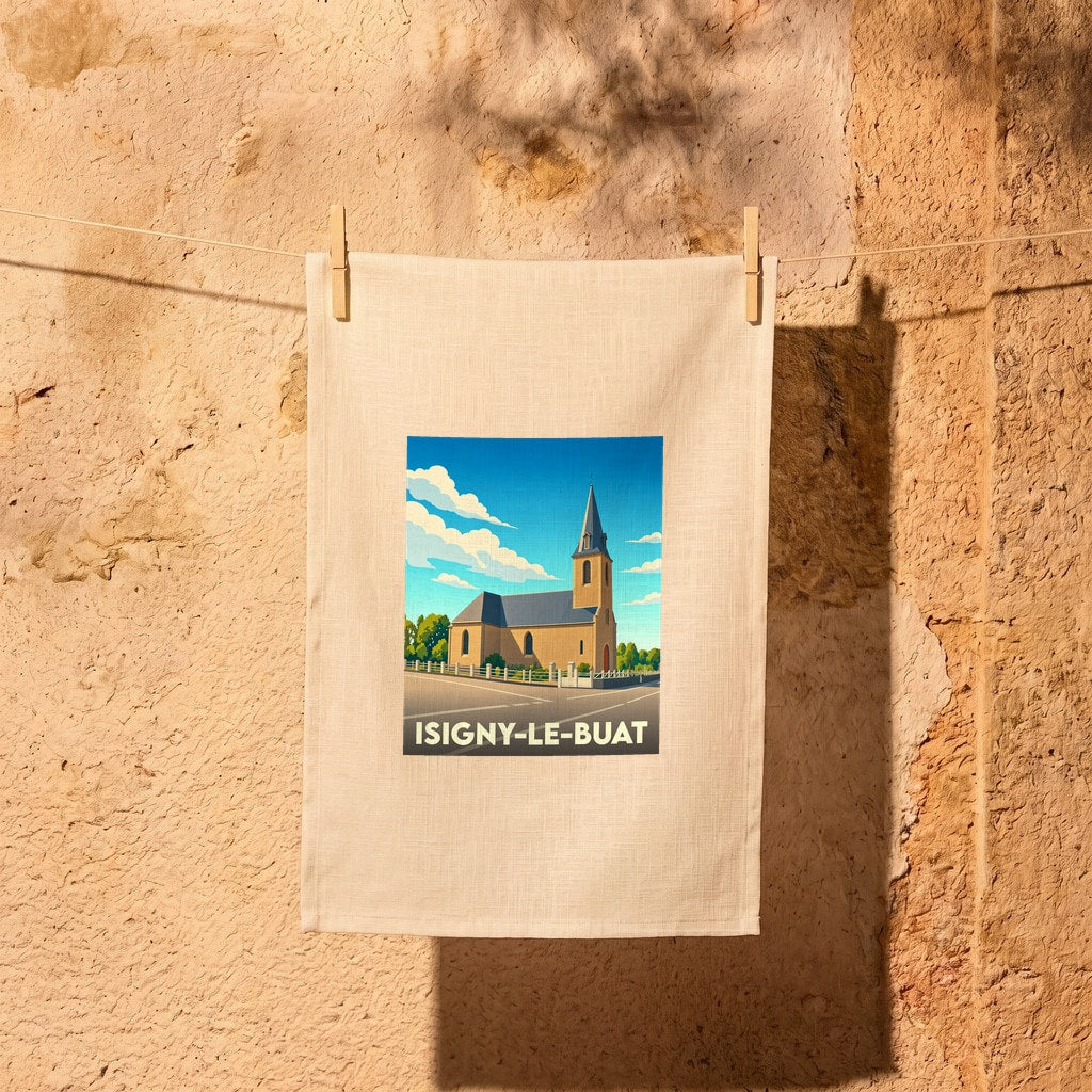Torchon souvenir de la ville d'Isigny-le-Buat illustré d'un dessin stylisé de son église sous un ciel bleu.