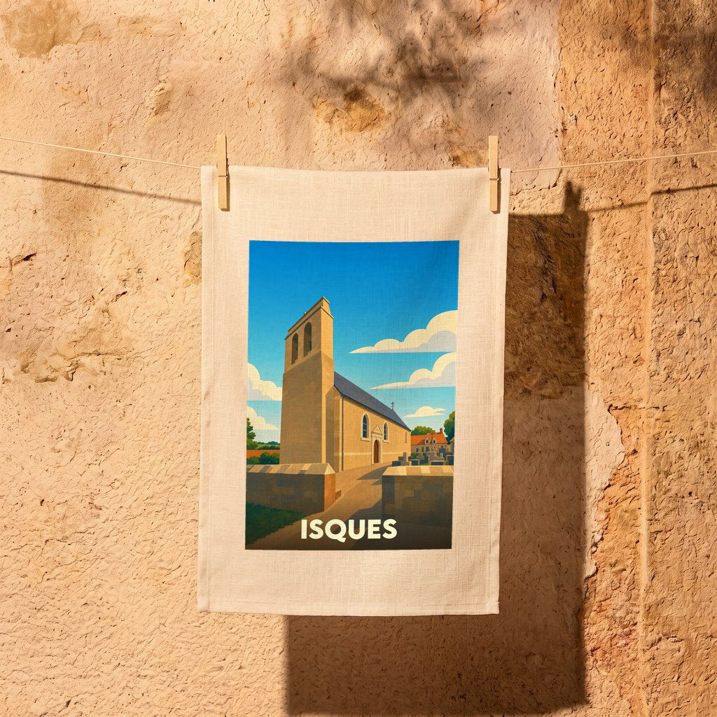 Torchon souvenir de la ville d'Isques avec une illustration stylisée de son église.