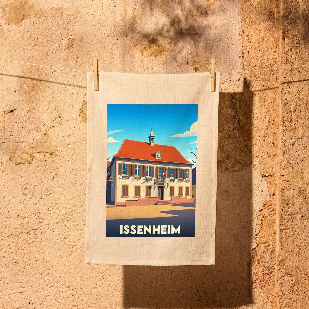 Torchon souvenir de la ville d'Issenheim avec une illustration stylisée de sa mairie.
