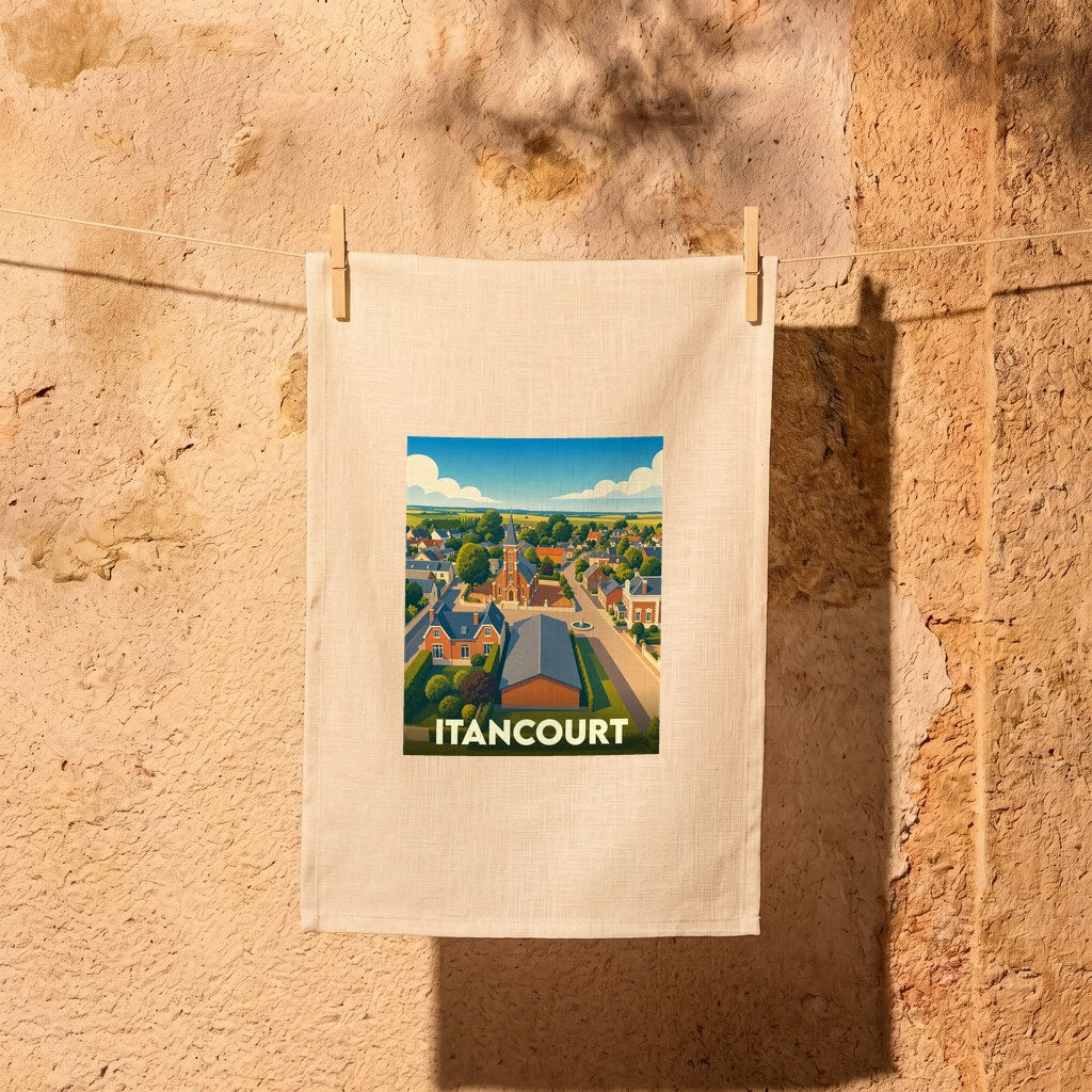 Torchon souvenir de la ville d'Itancourt avec une illustration stylisée.