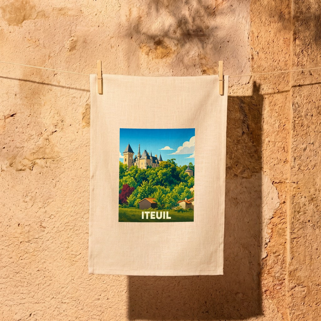 Torchon souvenir de la ville d'Iteuil illustré d'un château surplombant une forêt verdoyante.