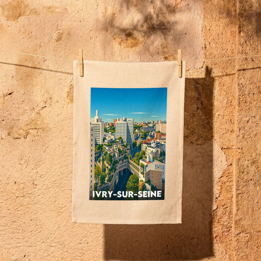 Torchon souvenir de la ville d'Ivry-sur-Seine avec une illustration stylisée de son architecture emblématique.