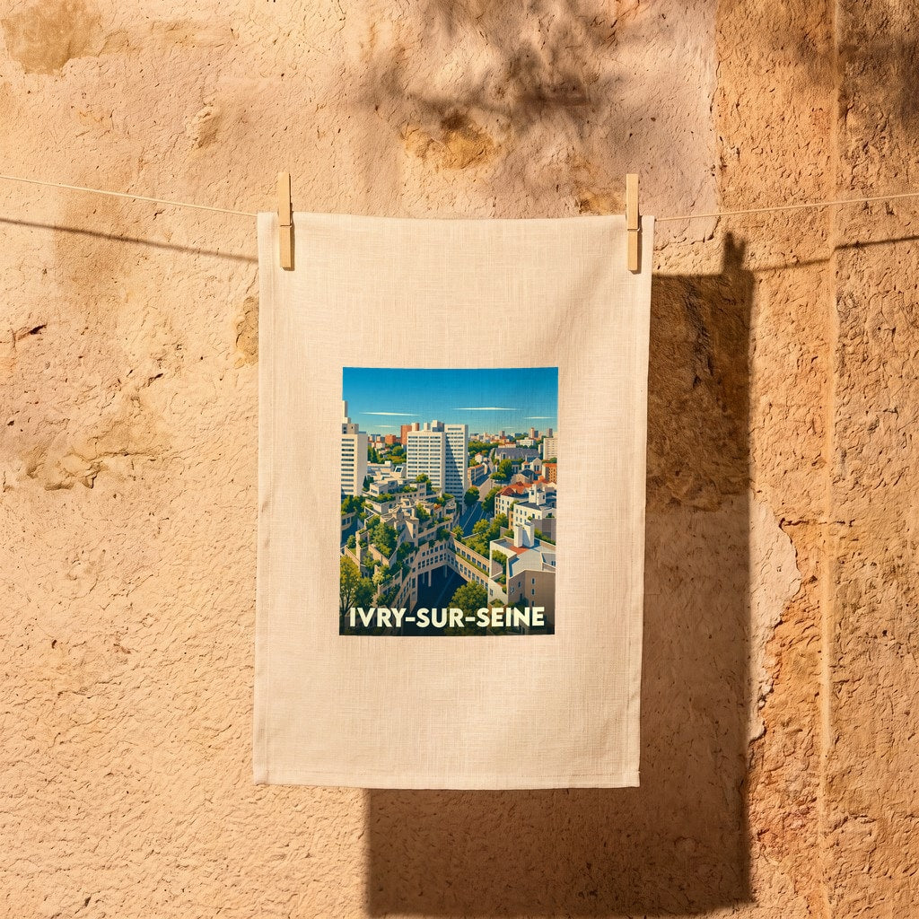Torchon souvenir de la ville d'Ivry-sur-Seine avec une illustration stylisée de son architecture emblématique.