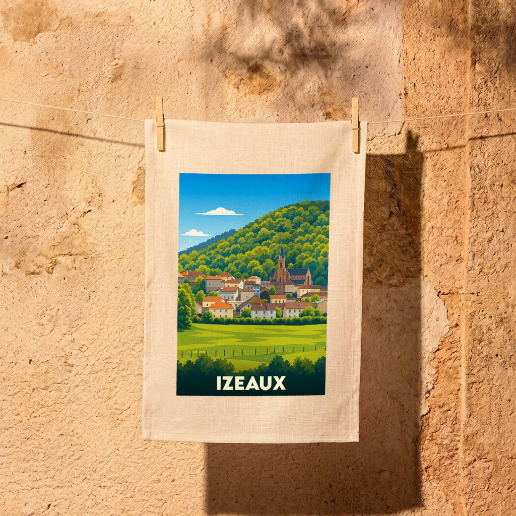 Torchon souvenir de la ville d'Izeaux avec une illustration stylisée.