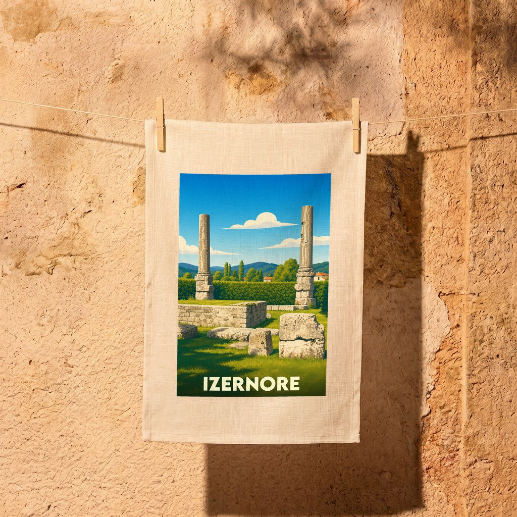 Torchon souvenir de la ville d'Izernore illustrant ses vestiges antiques dans un style épuré.