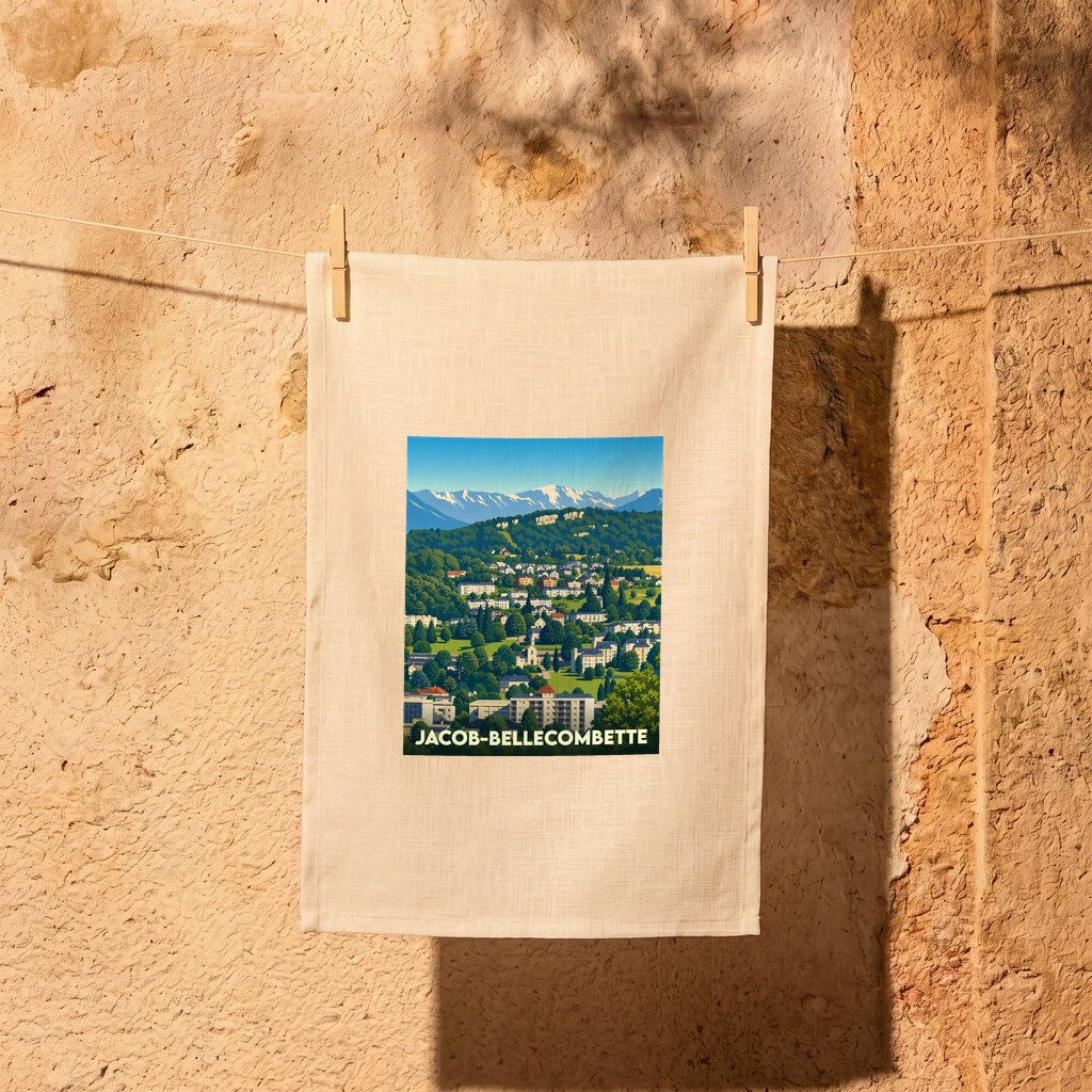 Torchon souvenir de la ville de Jacob-Bellecombette avec une illustration stylisée d'un paysage montagneux.