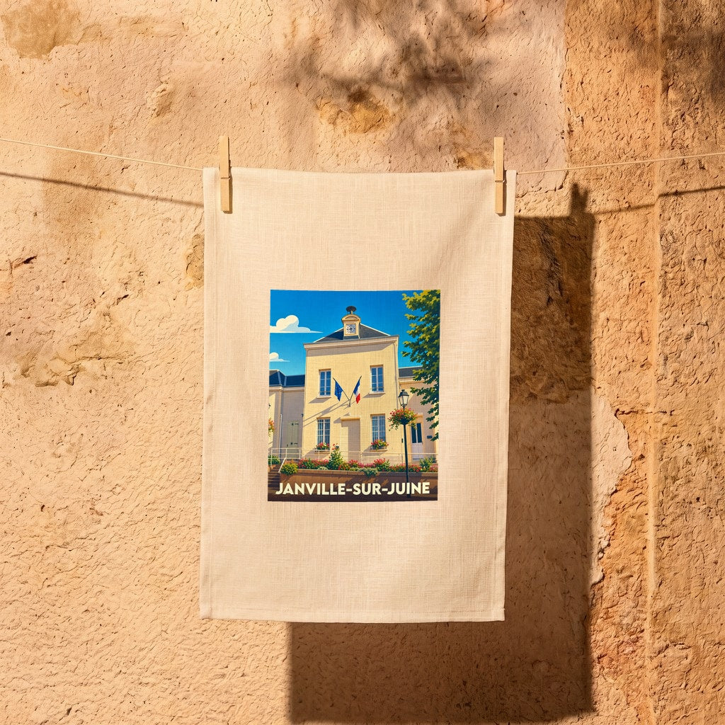 Torchon souvenir de la ville de Janville-sur-Juine illustré par une vue stylisée de la mairie sous un ciel bleu.