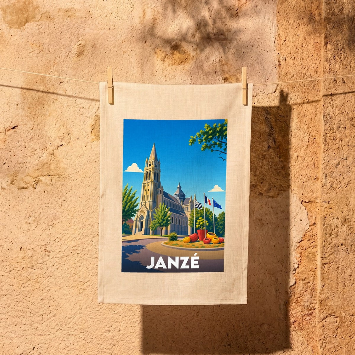 Torchon souvenir de la ville de Janzé avec une illustration stylisée de son église et de drapeaux.