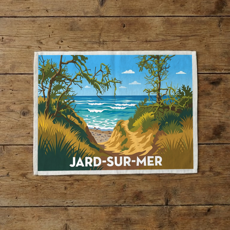 Torchon souvenir de la ville de Jard-sur-Mer avec une illustration stylisée de son paysage côtier.