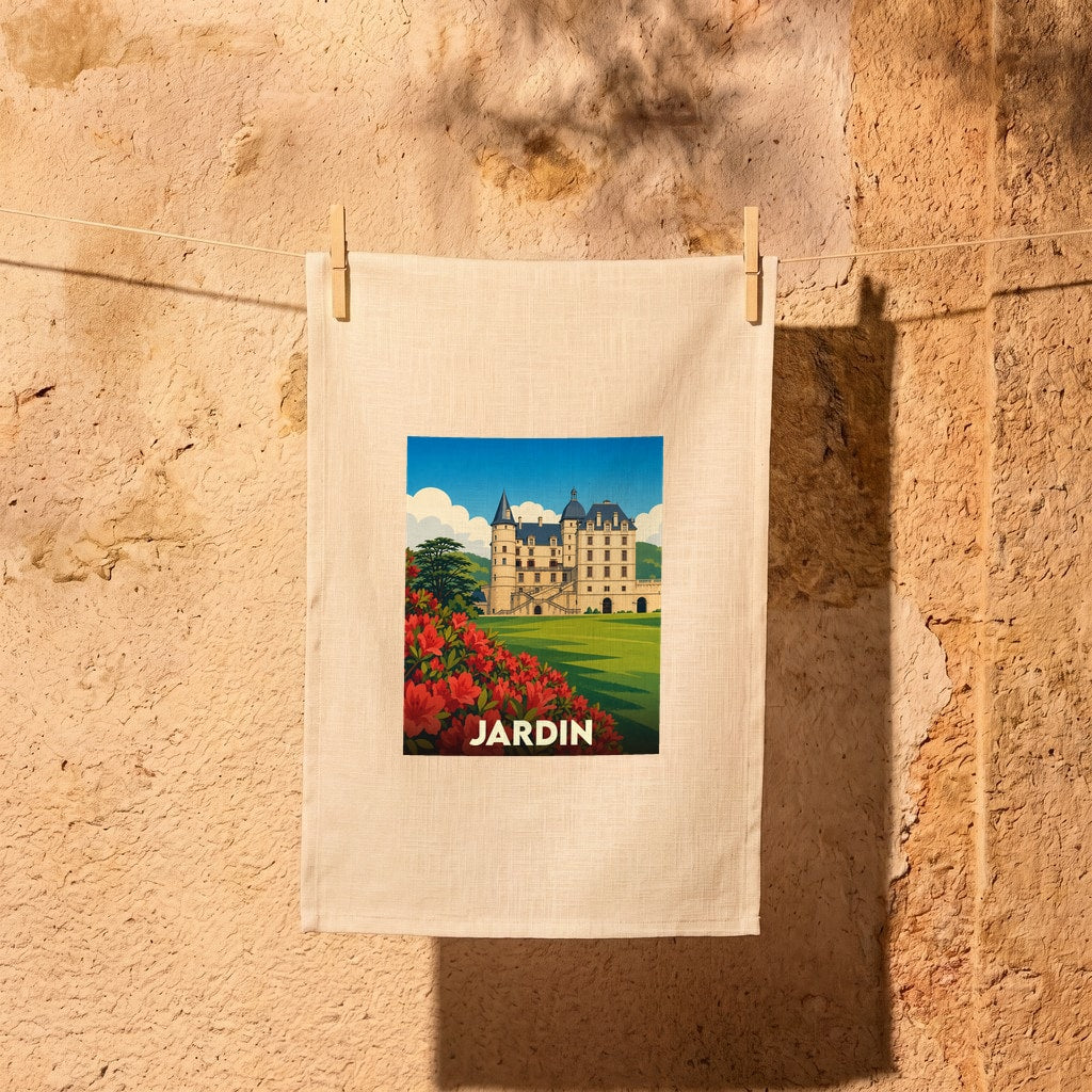 Torchon souvenir de la ville de Jardin illustré d'un château et d'un parterre de fleurs rouges.