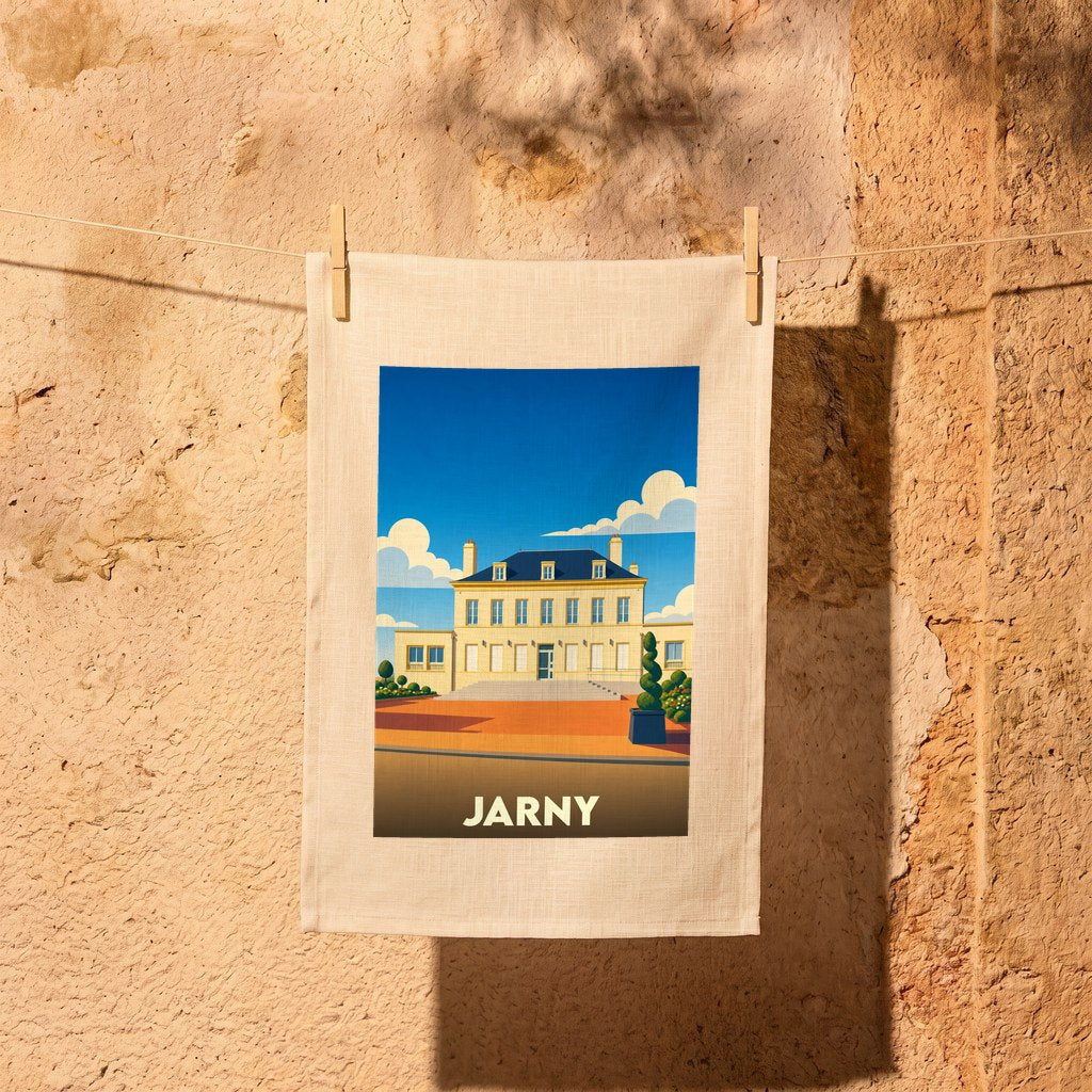 Torchon souvenir de la ville de Jarny avec une illustration stylisée de l'hôtel de ville.