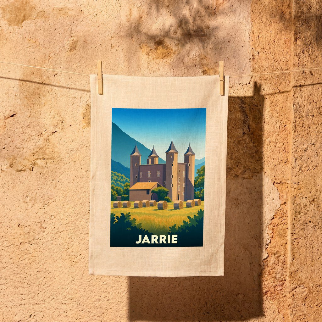 Torchon souvenir de la ville de Jarrie avec une illustration stylisée d'un château et de champs.