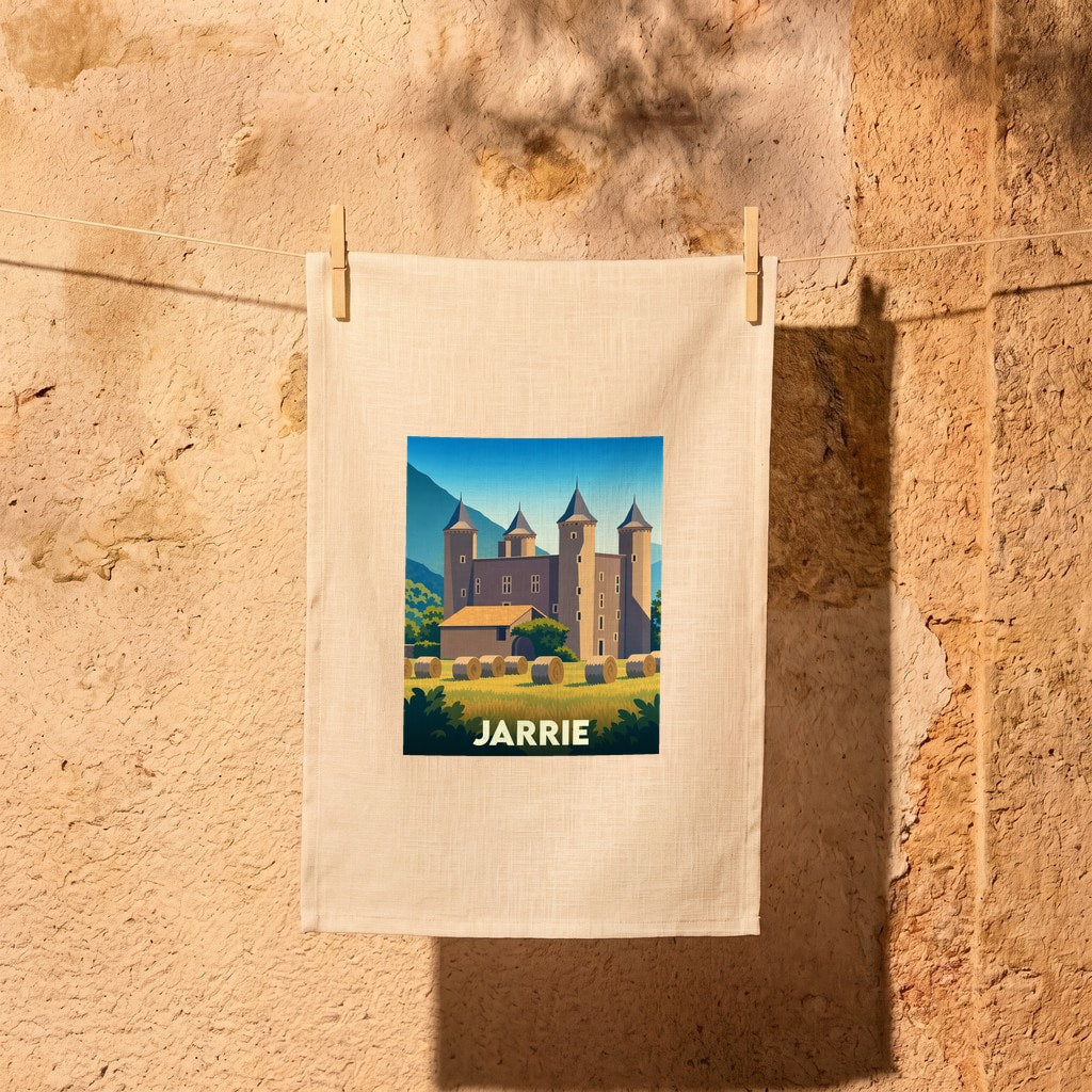 Torchon souvenir de la ville de Jarrie illustré d'un château médiéval stylisé.