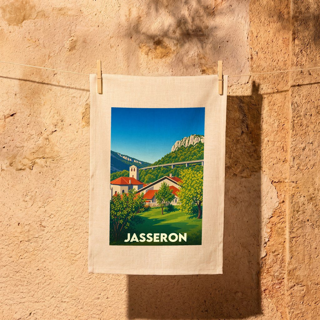 Torchon souvenir de la ville de Jasseron avec une illustration stylisée.
