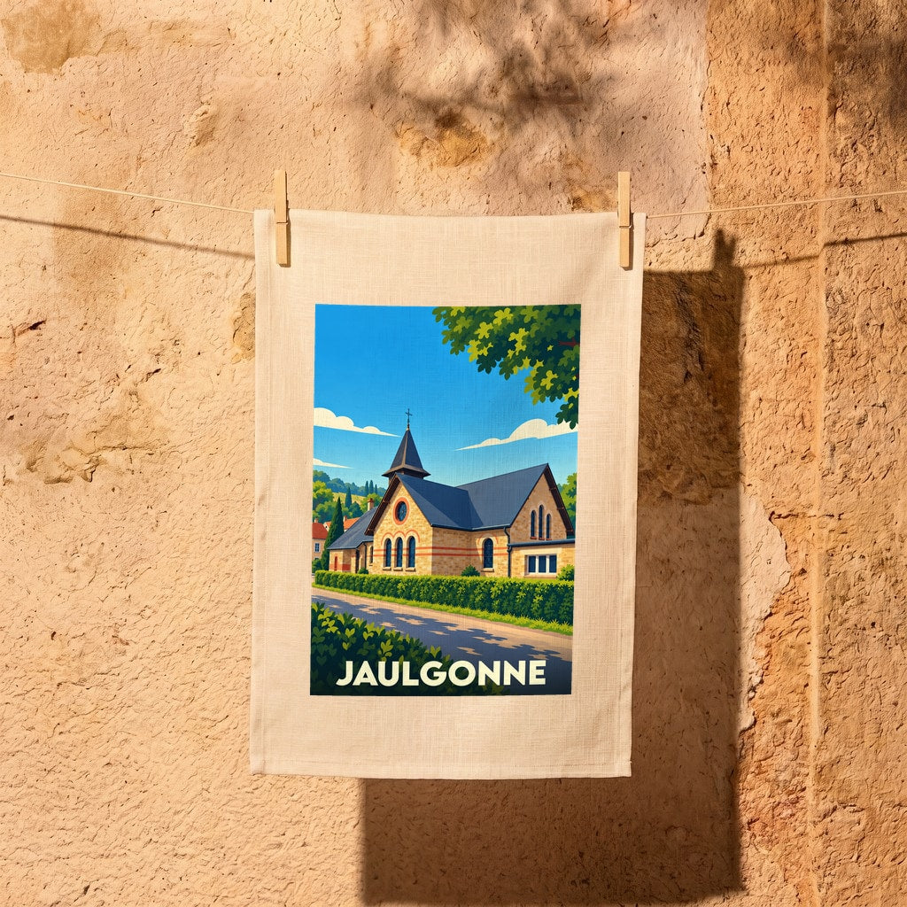 Torchon souvenir de la ville de Jaulgonne avec une illustration stylisée de son église.