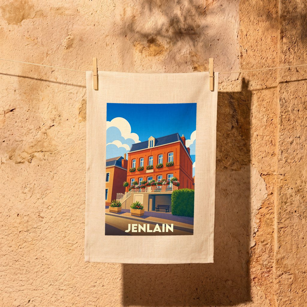 Torchon souvenir de la ville de Jenlain avec une illustration stylisée d'un bâtiment typique.