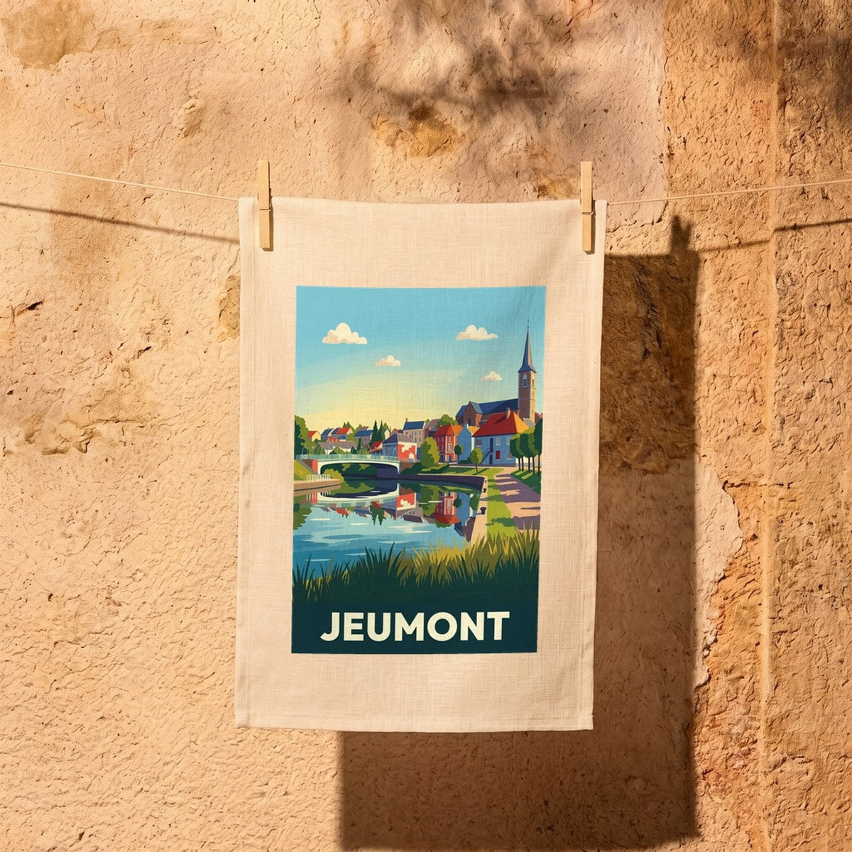 Torchon souvenir de la ville de Jeumont avec une illustration stylisée.