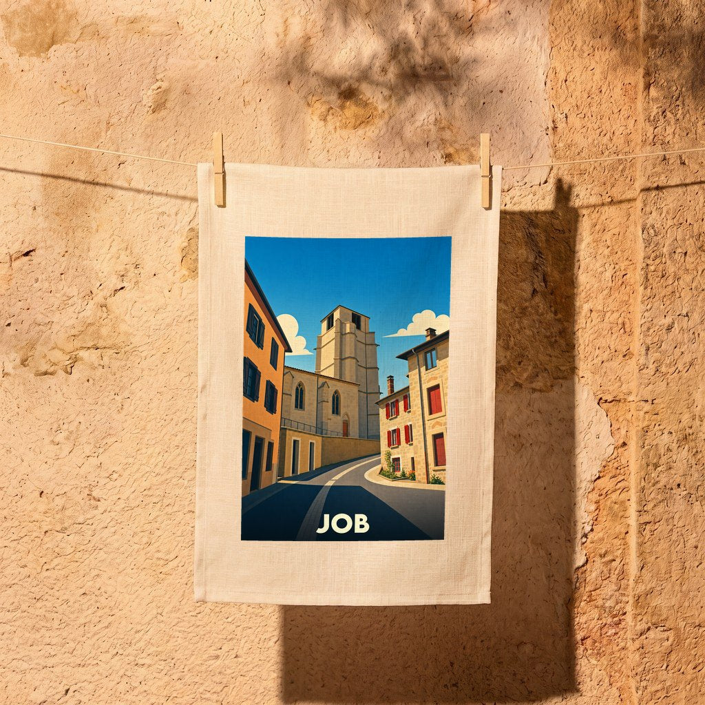 Torchon souvenir de la ville de Job avec une illustration stylisée d'un paysage urbain.