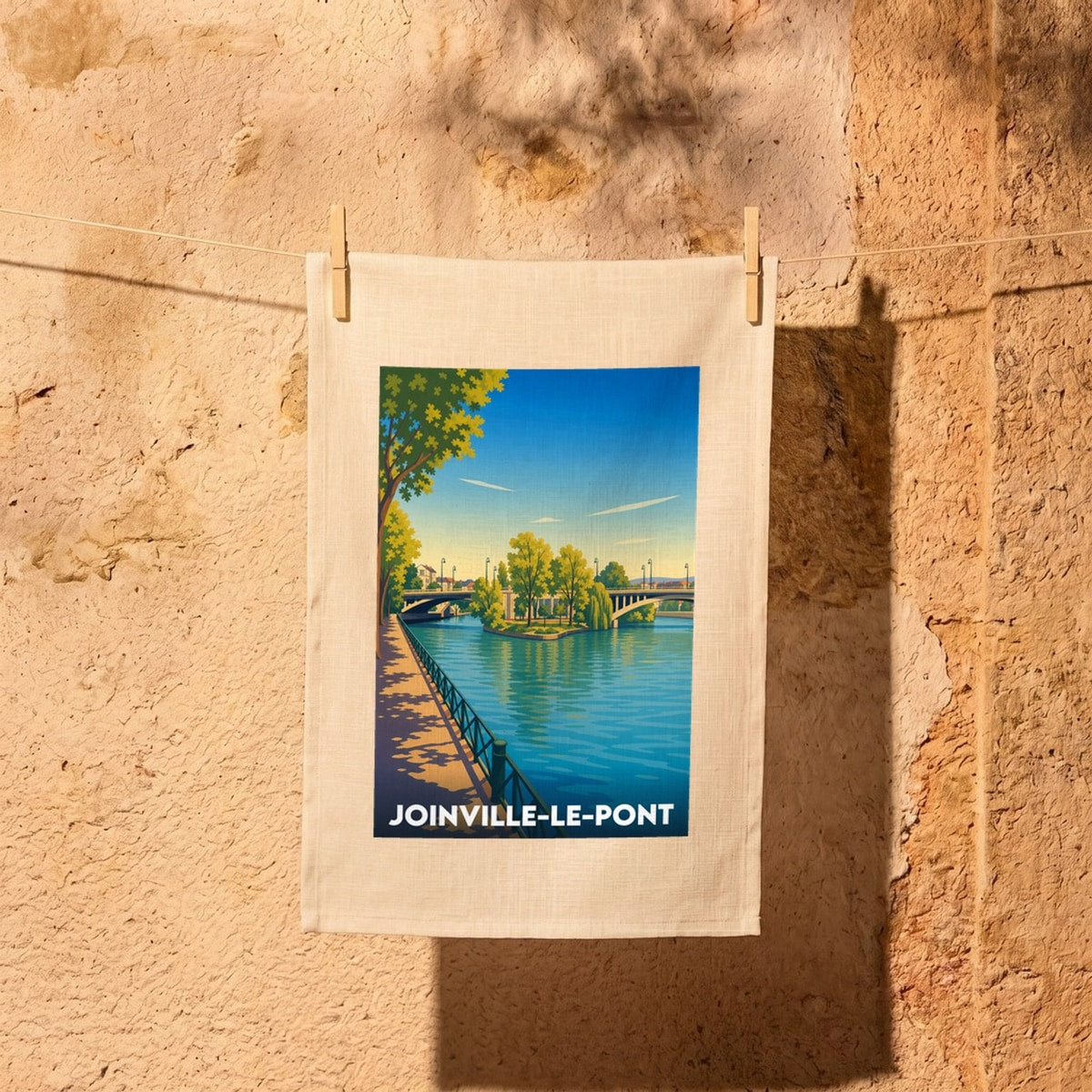 Torchon souvenir de la ville de Joinville-le-Pont avec une illustration stylisée.