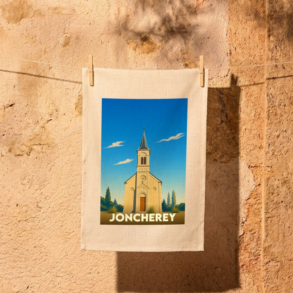 Torchon souvenir de la ville de Joncherey avec une illustration stylisée de son église.