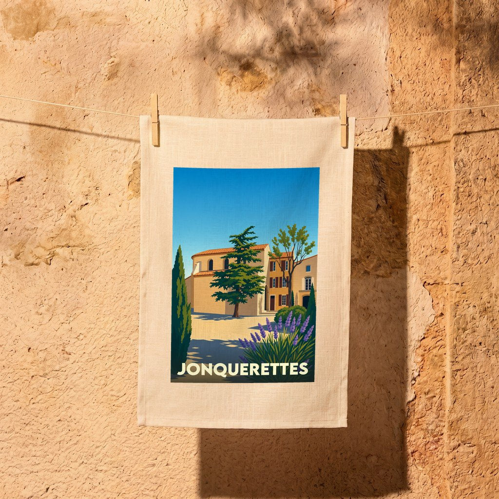 Torchon souvenir de la ville de Jonquerettes avec une illustration stylisée d'un paysage provençal.