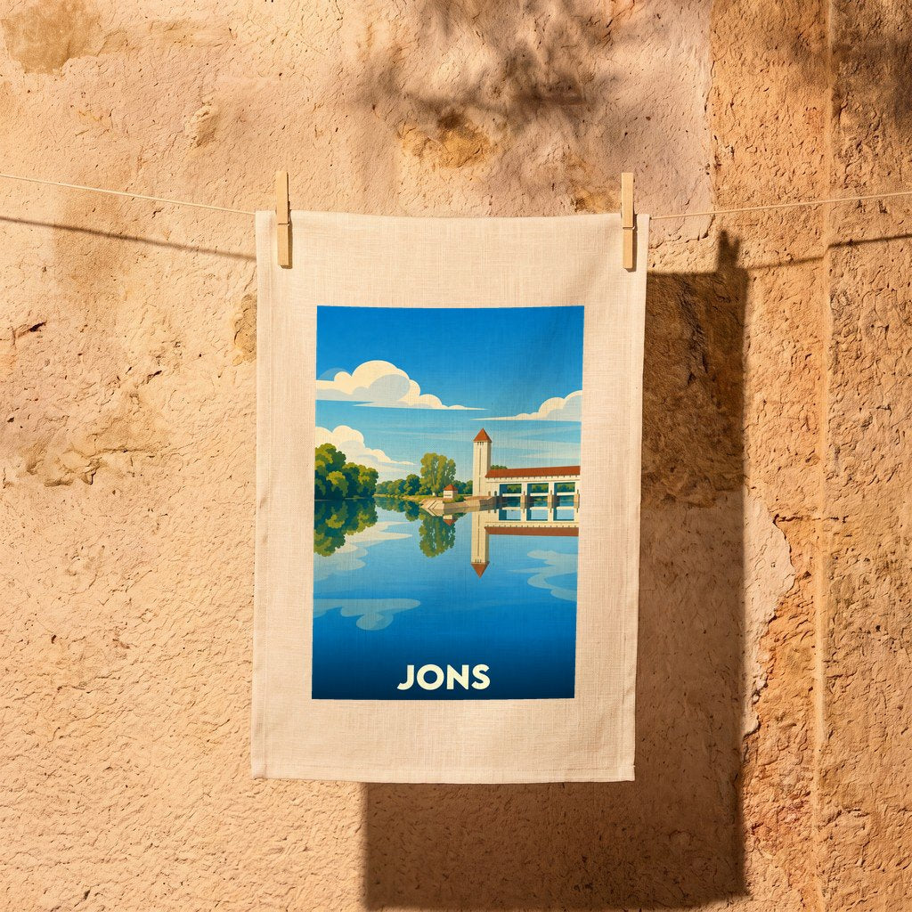 Torchon souvenir de la ville de Jons avec une illustration stylisée d'un paysage fluvial.