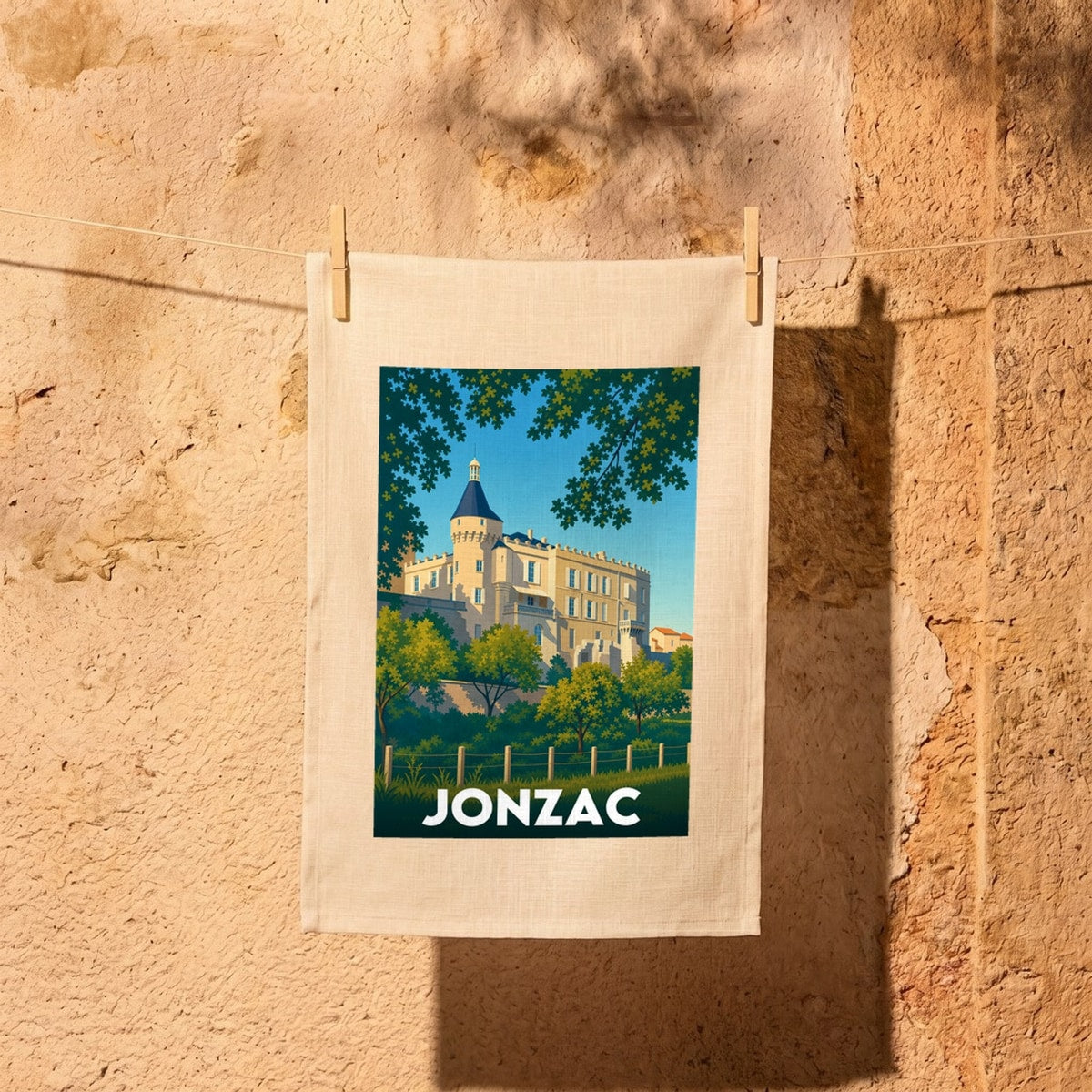 Torchon souvenir de la ville de Jonzac avec une illustration stylisée de son château.
